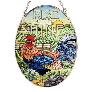 Amia Studio Hand Painted Glass Suncatcher with Rise and Shine Rooster Design
